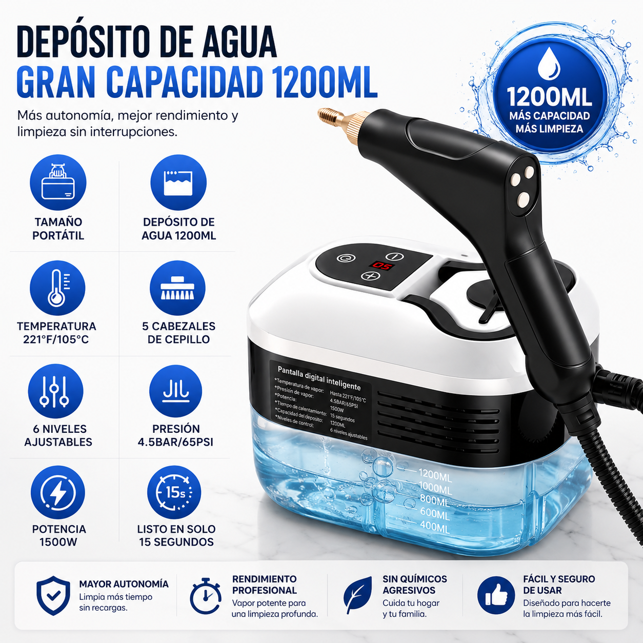 VAPOCLEAN™ remueve, bacterias, grasa, mo