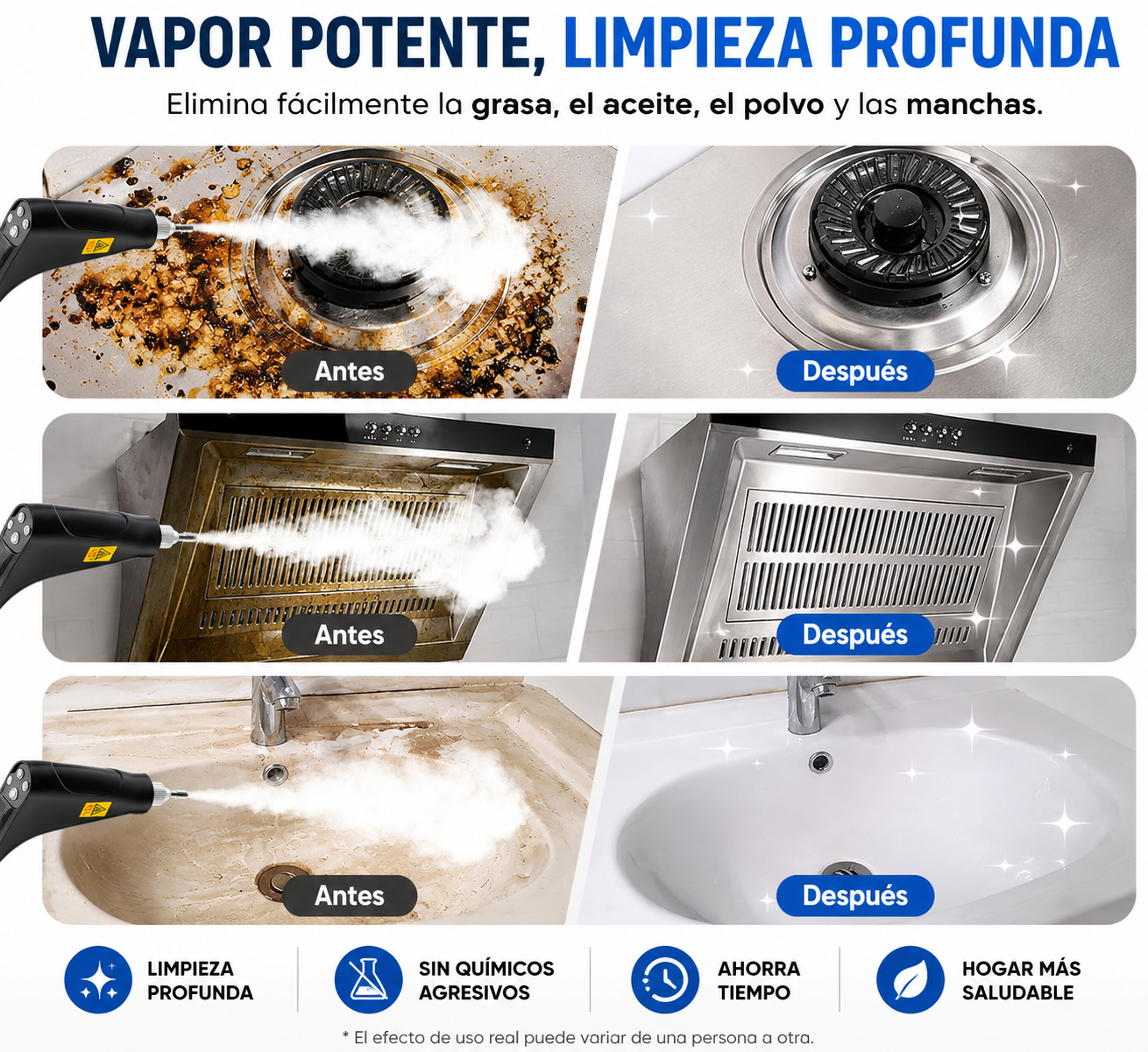 VAPOCLEAN™ remueve, bacterias, grasa, mo
