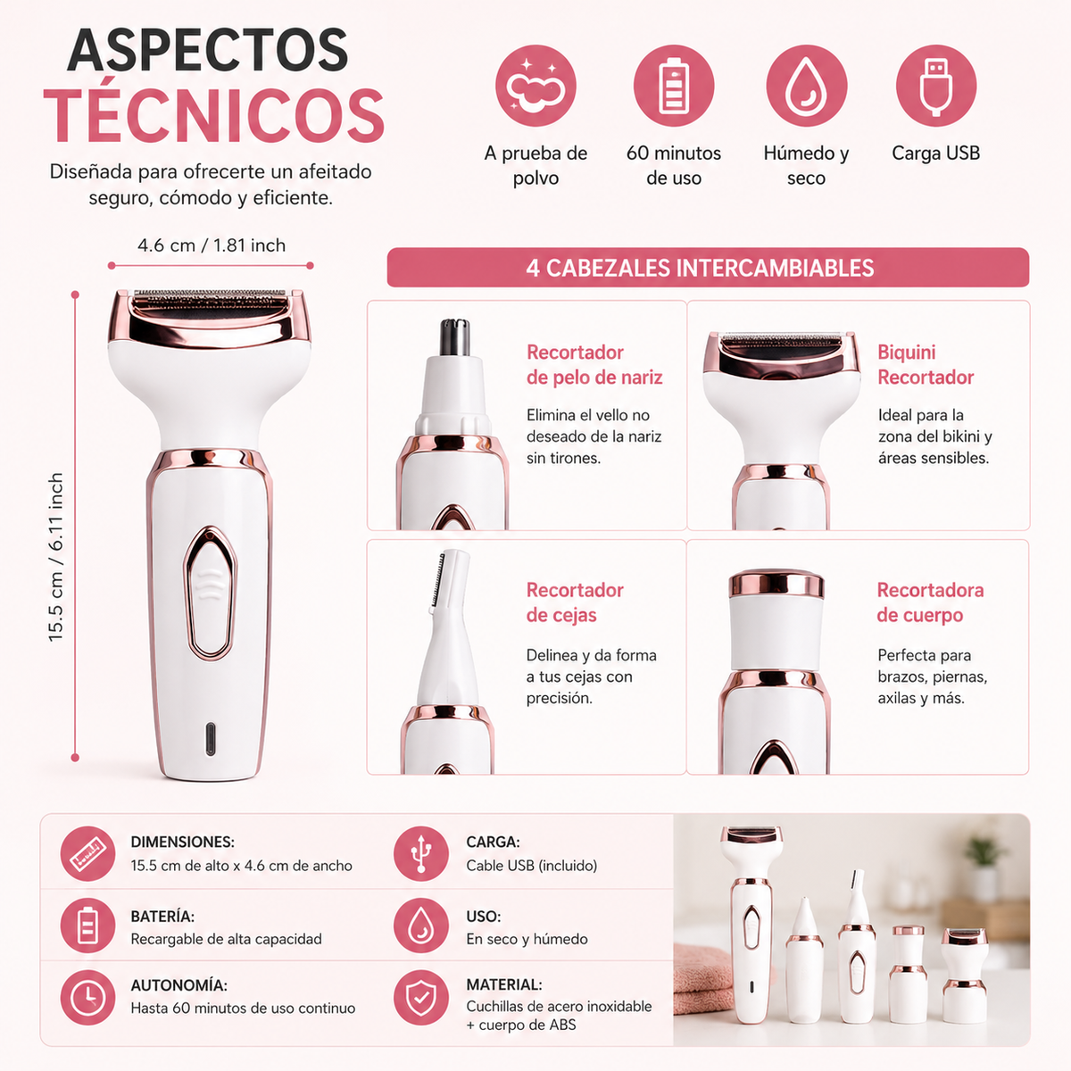 Depiladora Maquina Recargable 4 En 1