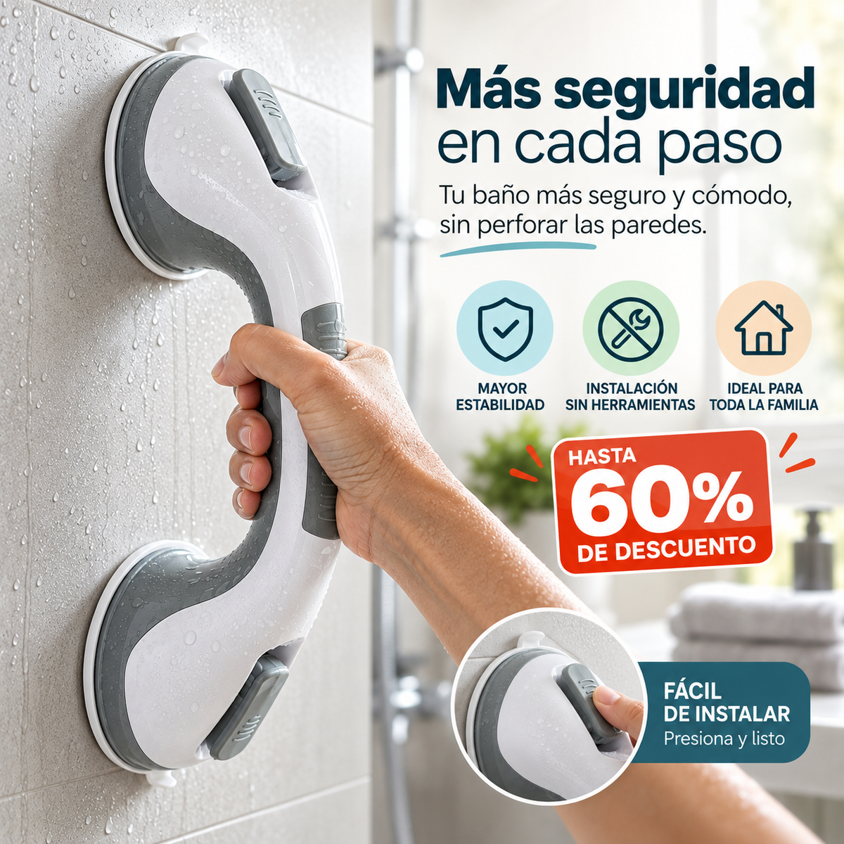 Manilla Adherente Soporte Seguridad Baño